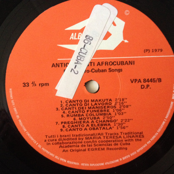 Unknown Artist ~ Antichi Canti Afrocubani / Early Afro-Cuban Songs (Vinyl) - Djungel & Jazz