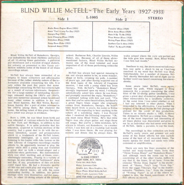 Blind Willie McTell ~ The Early Years  (1927-1933) (Vinyl) - Djungel & Jazz