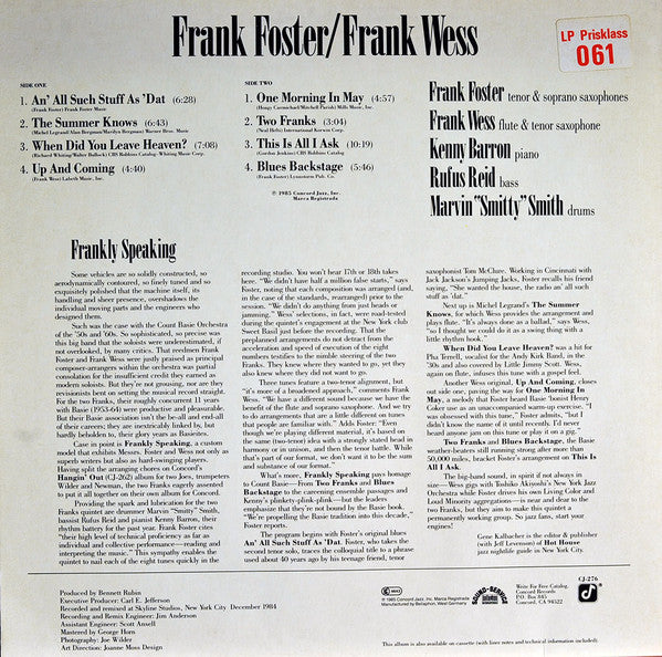 Frank Foster, Frank Wess, Kenny Barron, Rufus Reid, Marvin "Smitty" Smith ~ Frankly Speaking (Vinyl) - Djungel & Jazz