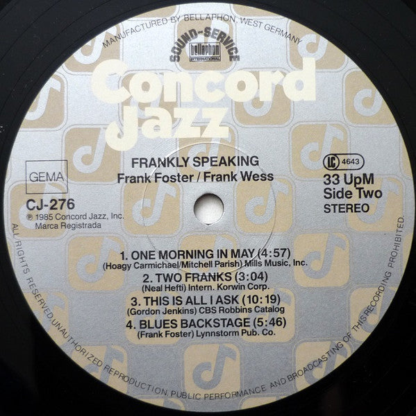 Frank Foster, Frank Wess, Kenny Barron, Rufus Reid, Marvin "Smitty" Smith ~ Frankly Speaking (Vinyl) - Djungel & Jazz