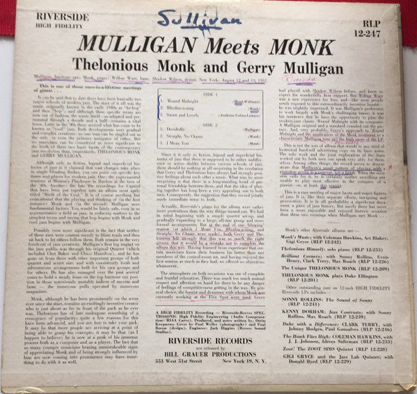 Thelonious Monk And Gerry Mulligan : Mulligan Meets Monk (LP, Album, Mono)
