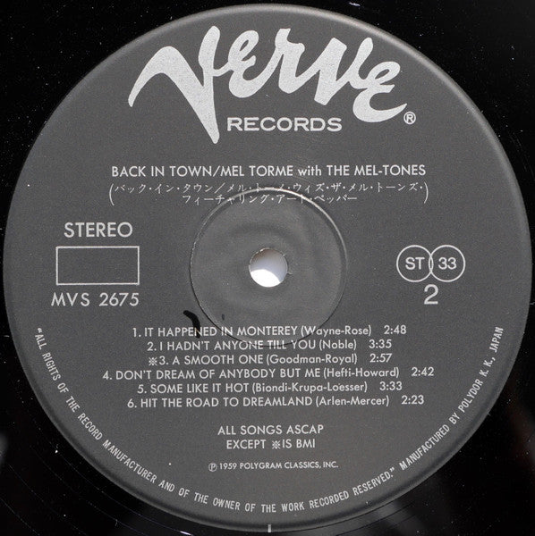 Mel Tormé With The Mel-Tones ~ Back In Town (Vinyl) - Djungel & Jazz