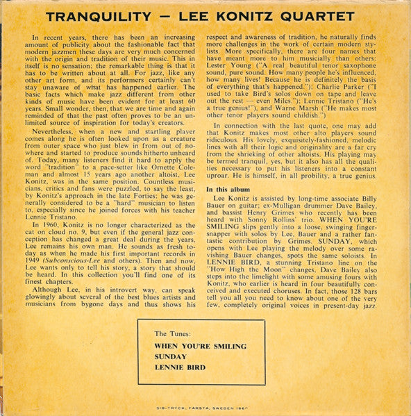 The Lee Konitz Quartet ~ Tranquility (Vinyl) - Djungel & Jazz
