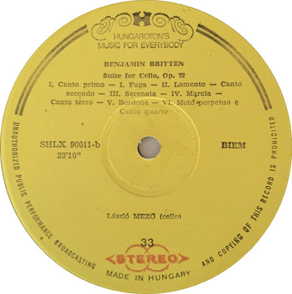 Igor Stravinsky, Paul Hindemith, Benjamin Britten, László Mezö, Loránt Szűcs ~ Italian Suite For Cello And Piano / Sonata For Solo Cello Op. 25 No.3 / Suite For Cello Op. 72 (Vinyl) - Djungel & Jazz
