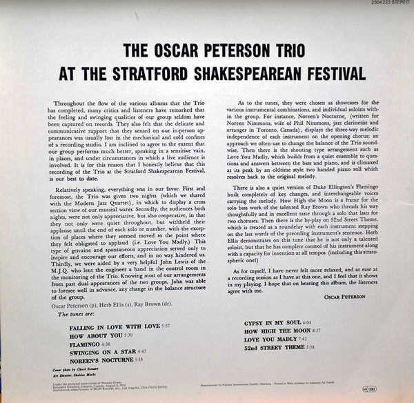 The Oscar Peterson Trio ~ At The Stratford Shakespearean Festival (Vinyl) - Djungel & Jazz