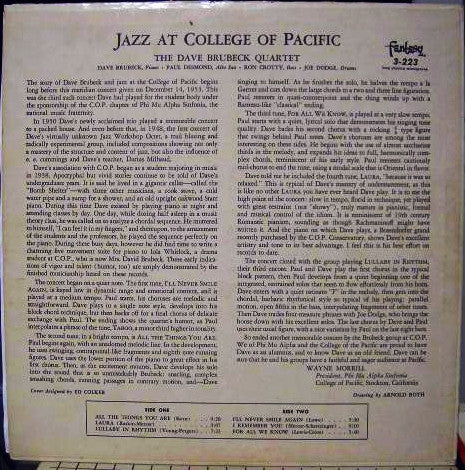 Dave Brubeck Quartet Featuring Paul Desmond ~ Jazz At The College Of The Pacific (Vinyl) - Djungel & Jazz