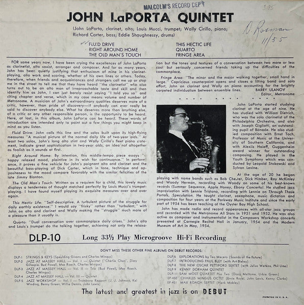 John LaPorta Quintet, Louis R. Mucci ~ John LaPorta Quintet With Louis Mucci (Vinyl) - Djungel & Jazz