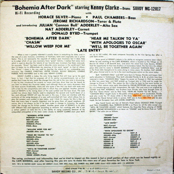 Cannonball Adderley With Horace Silver, Paul Chambers , Donald Byrd, Nat Adderley, Jerome Richardson, Kenny Clarke ~ Bohemia After Dark (Vinyl) - Djungel & Jazz