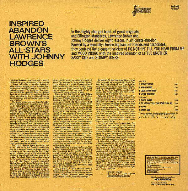 Lawrence Brown's All-Stars With Johnny Hodges ~ Inspired Abandon (Vinyl) - Djungel & Jazz
