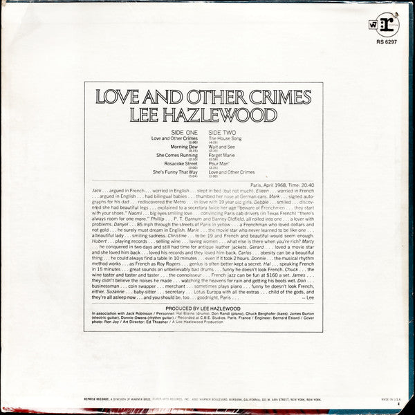 Lee Hazlewood ~ Love And Other Crimes (Vinyl) - Djungel & Jazz