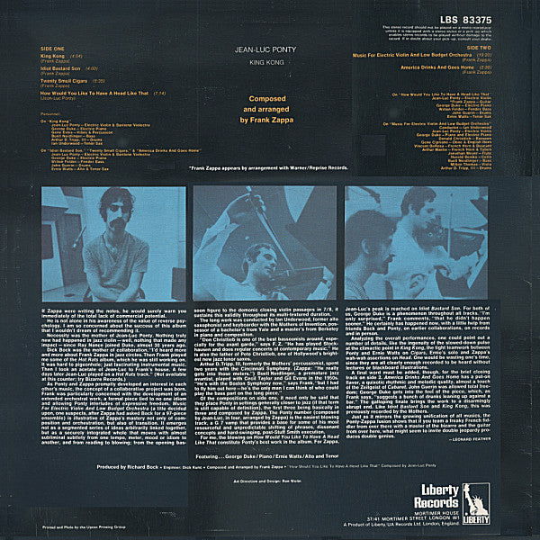 Jean-Luc Ponty : King Kong (Jean-Luc Ponty Plays The Music Of Frank Zappa) (LP, Album, Upt)