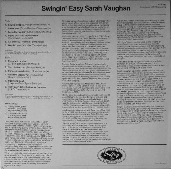 Sarah Vaughan And Her Trio ~ Swingin' Easy (Vinyl) - Djungel & Jazz