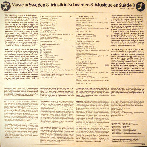 Various ~ Music In Sweden 8: Nutida Musik = Contemporary Music = Zeitgenössische Musik = Musique Contemporaine (Vinyl) - Djungel & Jazz