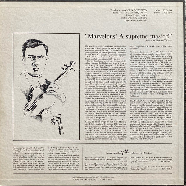 Khachaturian* / Saint-Saëns* ; Leonid Kogan, Boston Symphony Orchestra, Pierre Monteux : Violin Concerto / Havanaise, Op. 83 (LP, RE)