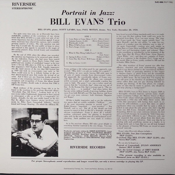 Bill Evans Trio* : Portrait In Jazz (LP, Album, RE)