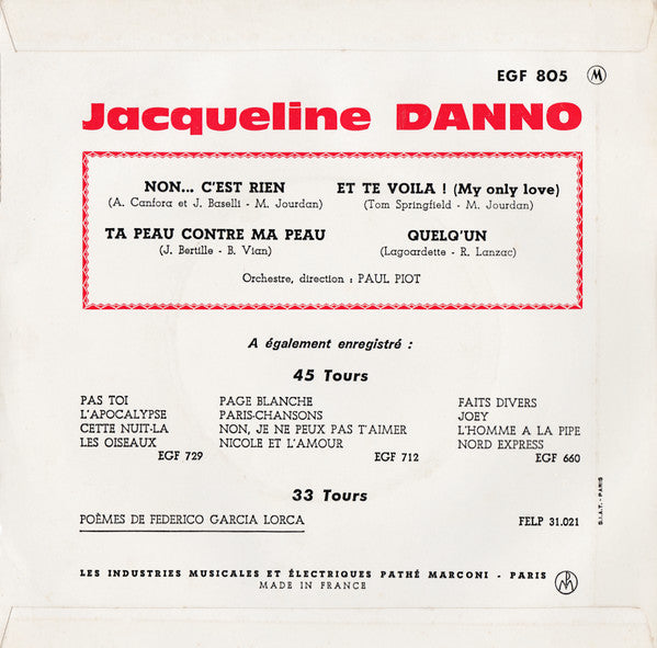 Jacqueline Danno ~ Non… C'est Rien (Vinyl) - Djungel & Jazz