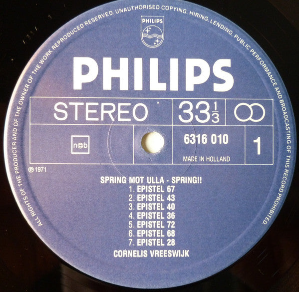 Cornelis Vreeswijk : Spring Mot Ulla - Spring! Cornelis Sjunger Bellman (LP, Album, RE, Gat)