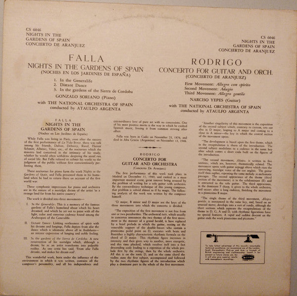 Falla, Gonzalo Soriano, Rodrigo, Narciso Yepes, National Orchestra Of Spain, Ataulfo Argenta ~ Nights In The Gardens Of Spain · Concerto For Guitar And Orchestra (Vinyl) - Djungel & Jazz