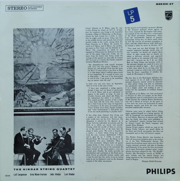 Grieg, The Hindar String Quartet ~ Quartet In G-minor Op. 27 / Quartet In F-major (Unfinished) (Vinyl) - Djungel & Jazz