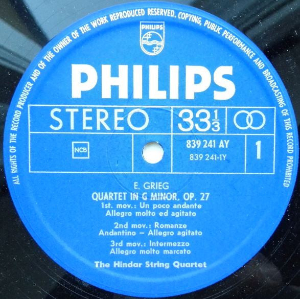Grieg, The Hindar String Quartet ~ Quartet In G-minor Op. 27 / Quartet In F-major (Unfinished) (Vinyl) - Djungel & Jazz