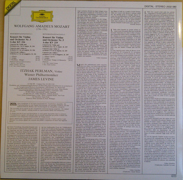Wolfgang Amadeus Mozart • Wiener Philharmoniker • Itzhak Perlman • James Levine  ~ Violinkonzerte = Violin Concertos Nos. 3 & 5 (Vinyl) - Djungel & Jazz