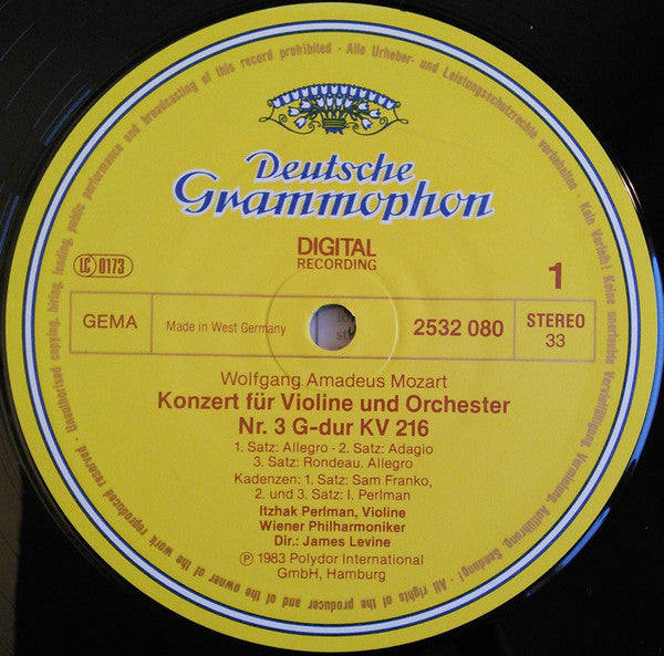Wolfgang Amadeus Mozart • Wiener Philharmoniker • Itzhak Perlman • James Levine  ~ Violinkonzerte = Violin Concertos Nos. 3 & 5 (Vinyl) - Djungel & Jazz