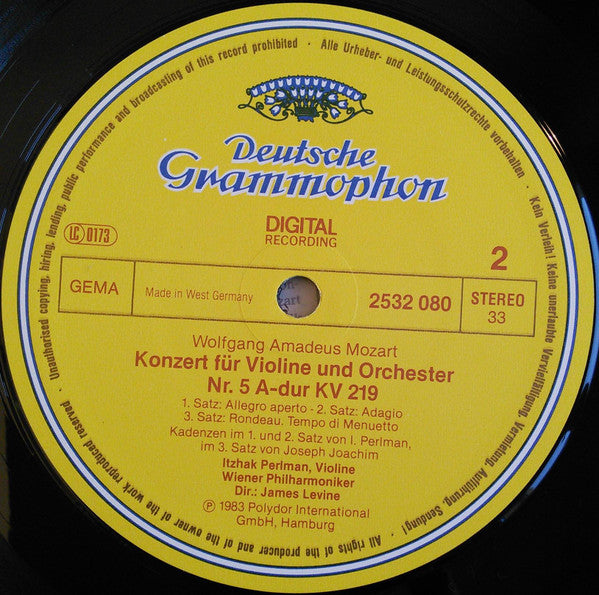 Wolfgang Amadeus Mozart • Wiener Philharmoniker • Itzhak Perlman • James Levine  ~ Violinkonzerte = Violin Concertos Nos. 3 & 5 (Vinyl) - Djungel & Jazz
