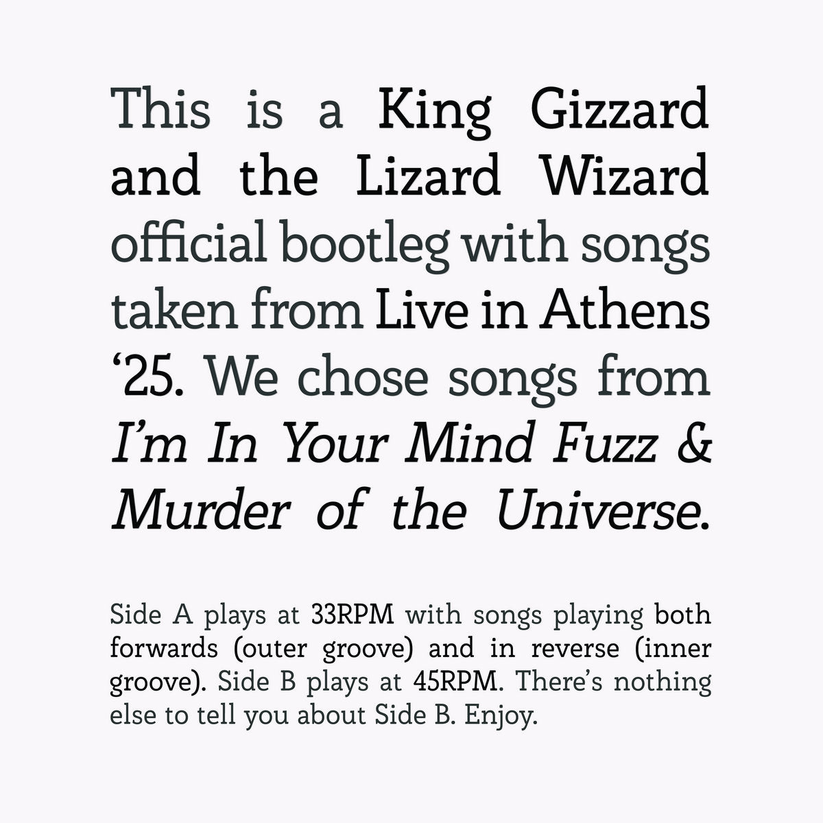 King Gizzard And The Lizard Wizard ~ Songs from I'm In Your Mind Fuzz & Murder of the Universe - Live in Athens '25 (Vinyl) - Djungel & Jazz