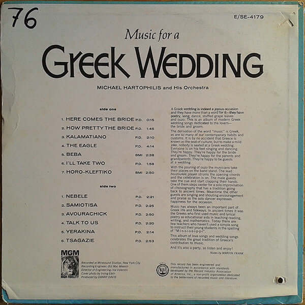 Michael Hartophilis And His Orchestra : Music For A Greek Wedding (LP, Album)