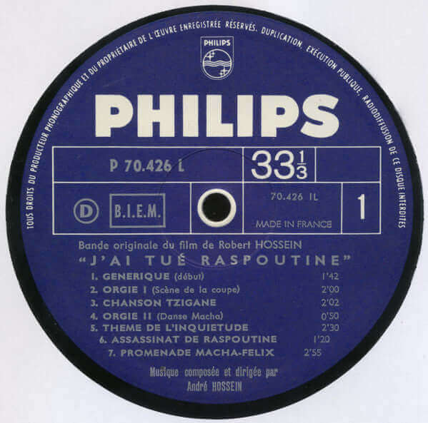 André Hossein : J'ai Tué Raspoutine (Bande Originale Du Film De Robert Hossein) (LP, Album)