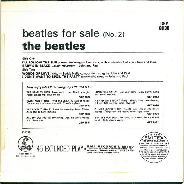 The Beatles : Beatles For Sale (No. 2) (7", EP, Mono, RP)