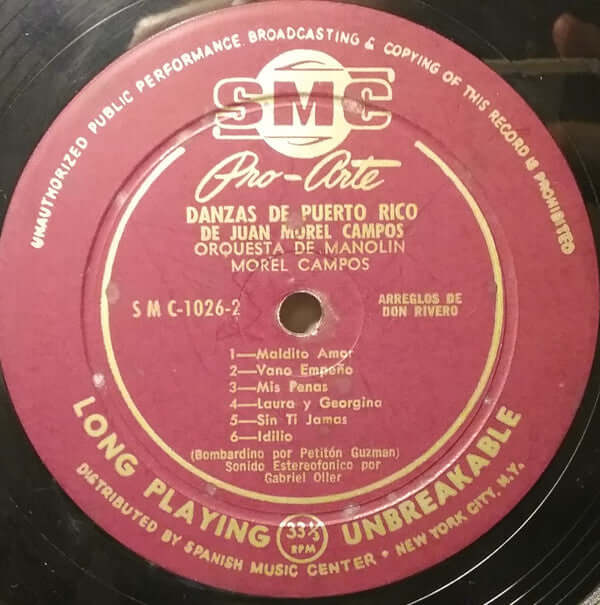 Manolin Morel Campos Y Su Orquesta : Danzas De Puerto Rico De Juan Morel Campos (The Music Of Puerto Rico) (LP, Album)