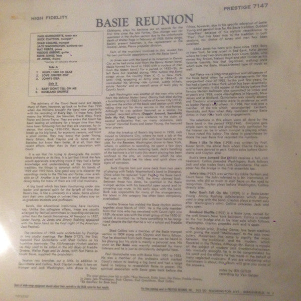 Paul Quinichette / Buck Clayton / Shad Collins / Jack Washington / Freddie Green / Eddie Jones / Jo Jones / Nat Pierce : Basie Reunion (LP, Album, Mono)