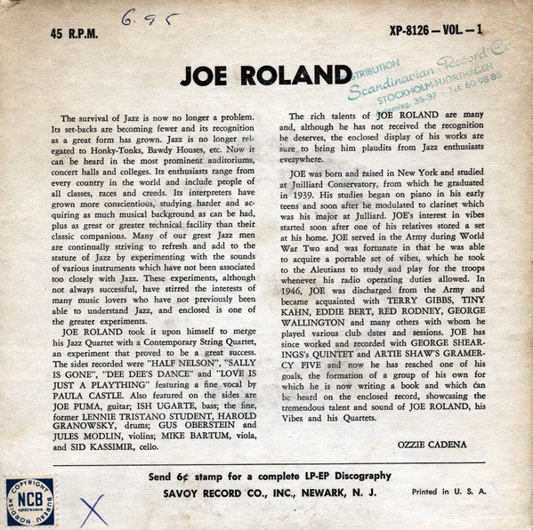 Joe Roland, His Vibes & His Boppin' Strings : Sally Is Gone (7", EP)