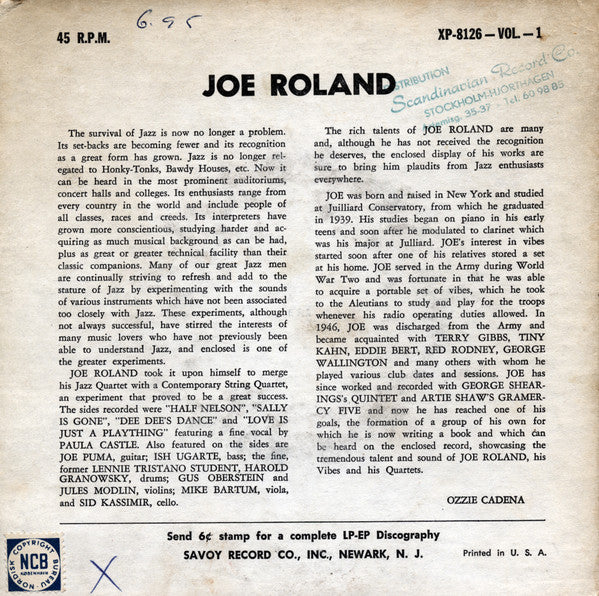 Joe Roland, His Vibes & His Boppin' Strings ~ Sally Is Gone (Vinyl) - Djungel & Jazz