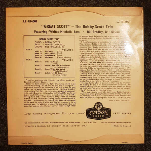 Bobby Scott Trio : Great Scott (10", Album)