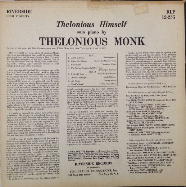 Thelonious Monk : Thelonious Himself (LP, Album, Mono, RP, Dee)