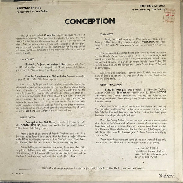Miles Davis / Stan Getz / Gerry Mulligan / Lee Konitz / Sonny Rollins / Zoot Sims : Conception (LP, Comp, Mono, RE, RM)