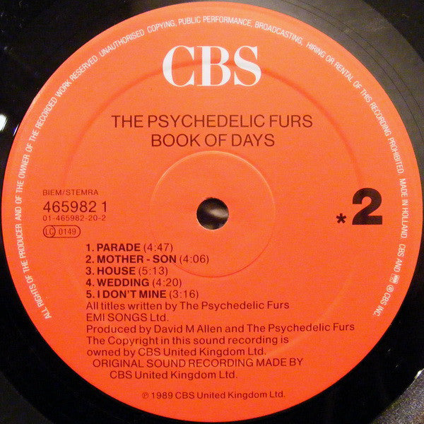 The Psychedelic Furs : Book Of Days (LP, Album)
