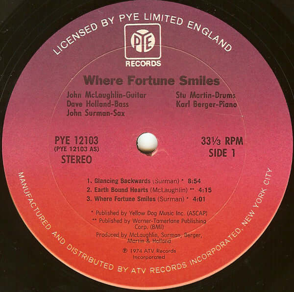 John McLaughlin, Dave Holland, John Surman, Stu Martin, Karl Berger : Where Fortune Smiles (LP, Album, RE)