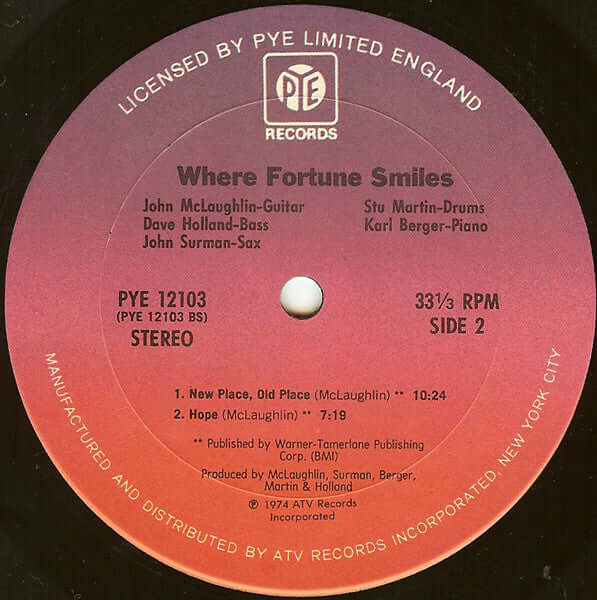 John McLaughlin, Dave Holland, John Surman, Stu Martin, Karl Berger : Where Fortune Smiles (LP, Album, RE)