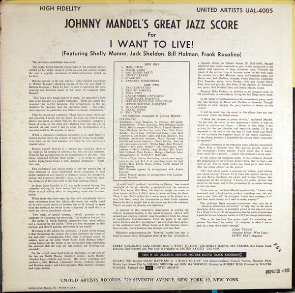 Johnny Mandel : Johnny Mandel's Great Jazz Score I Want To Live! (LP, Album, Mono)
