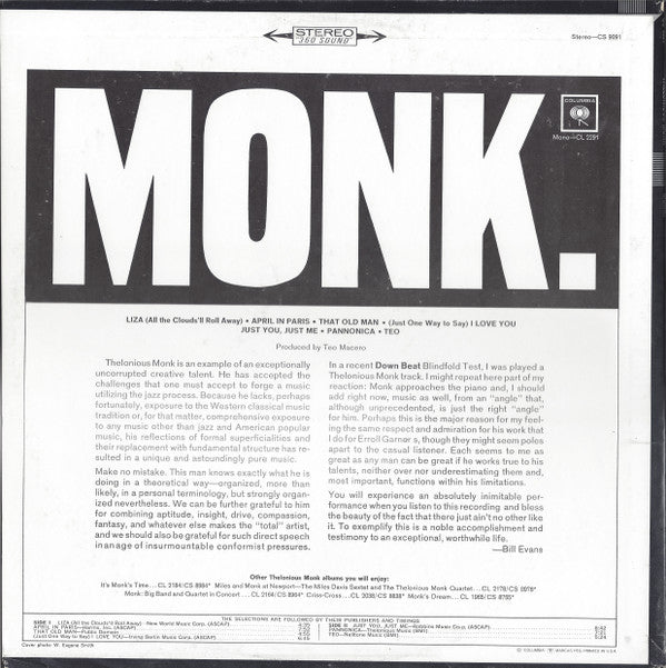Thelonious Monk : Monk. (LP, Album, RE)