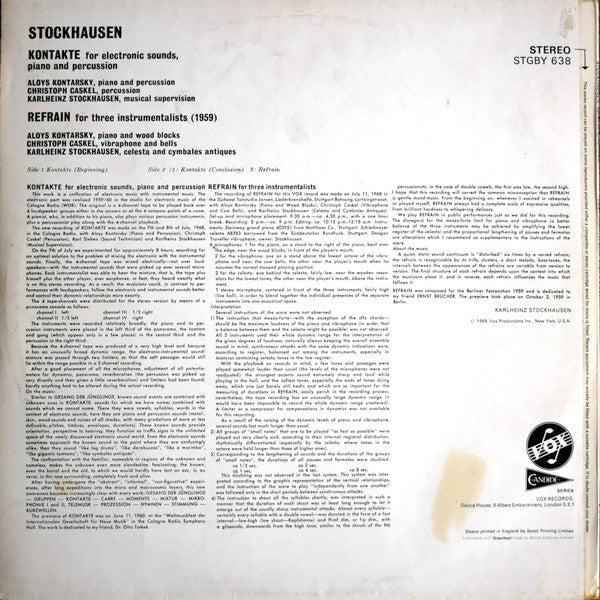 Karlheinz Stockhausen - Aloys Kontarsky, Christoph Caskel, Karlheinz Stockhausen : Kontakte For Electronic Sounds, Piano And Percussion / Refrain For Three Instrumentalists (LP, Album)