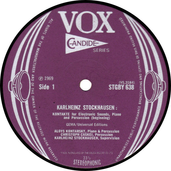 Karlheinz Stockhausen - Aloys Kontarsky, Christoph Caskel, Karlheinz Stockhausen : Kontakte For Electronic Sounds, Piano And Percussion / Refrain For Three Instrumentalists (LP, Album)