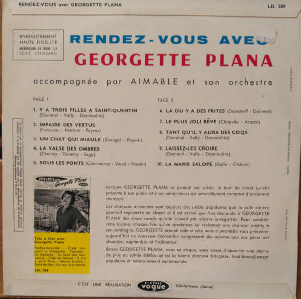 Georgette Plana : Rendez-Vous Avec Georgette Plana (10", Album, Mono)