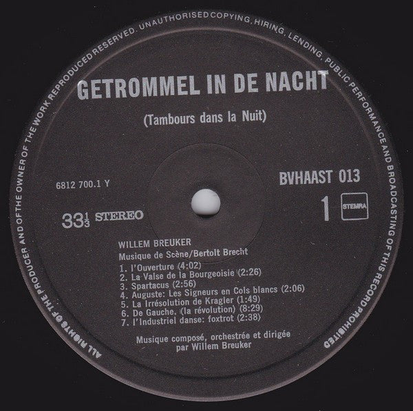 Willem Breuker : Getrommel In De Nacht = Tambours Dans La Nuit (Musique Pour La Pièce De Bertolt Brecht) (LP)