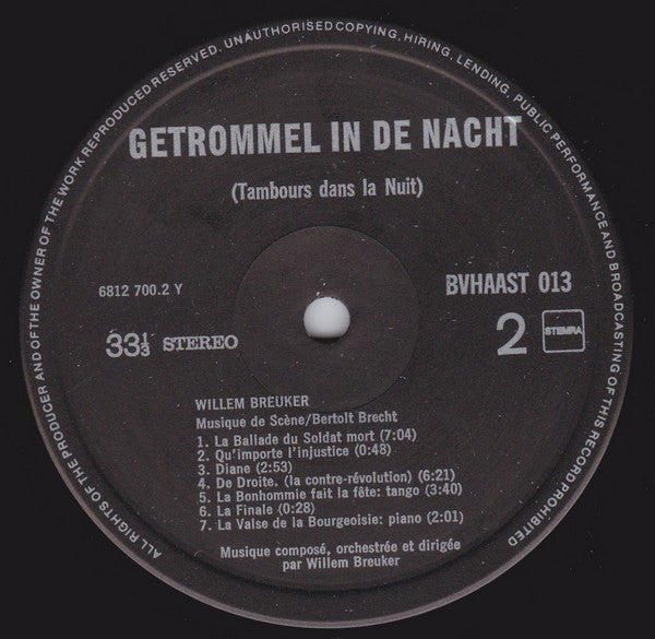 Willem Breuker : Getrommel In De Nacht = Tambours Dans La Nuit (Musique Pour La Pièce De Bertolt Brecht) (LP)