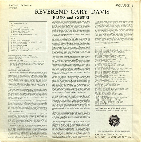 Reverend Gary Davis* : Volume 1 - New Blues And Gospel (LP, Album)