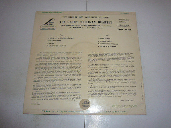 Gerry Mulligan Quartet : 3e Salon Du Jazz, Paris, 1954, À Pleyel (LP, Album, Mono)